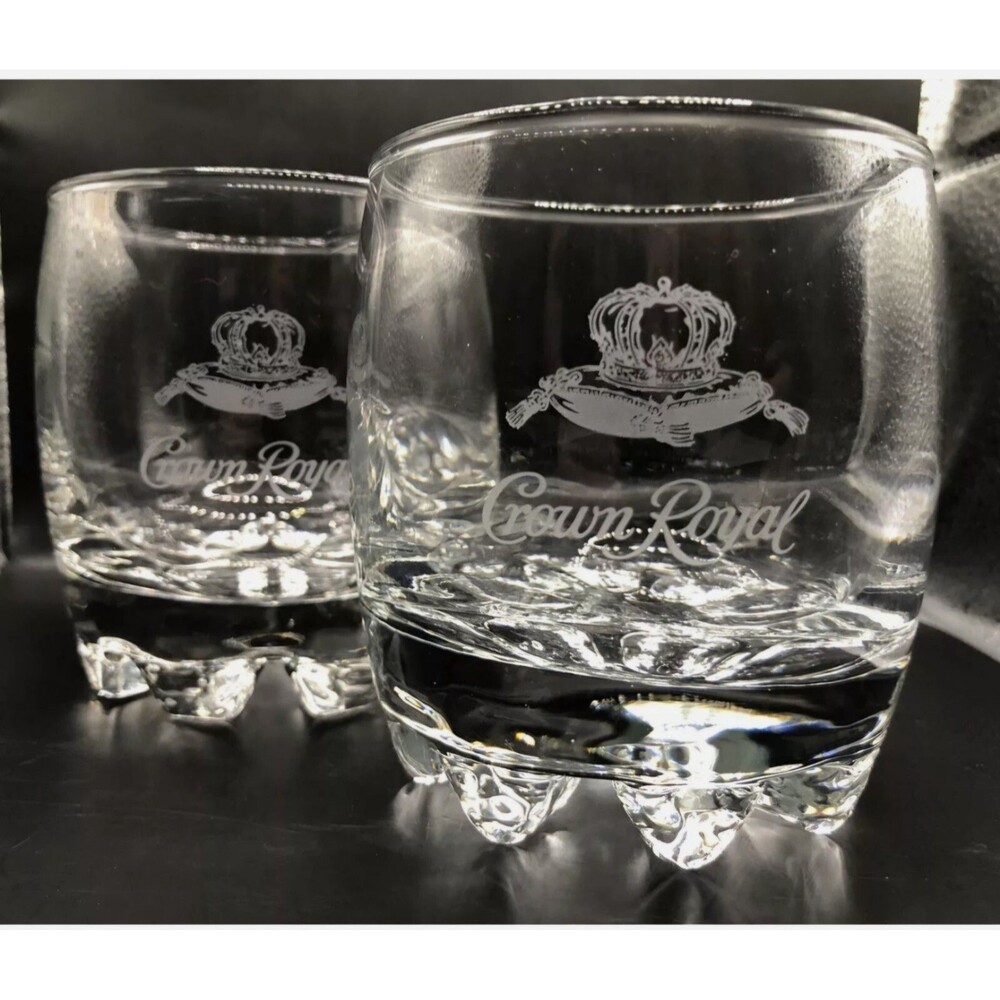 2 Heavy Bottom Crown Royal Old Fashioned Whiskey Rocks Lowball Glasses Etched